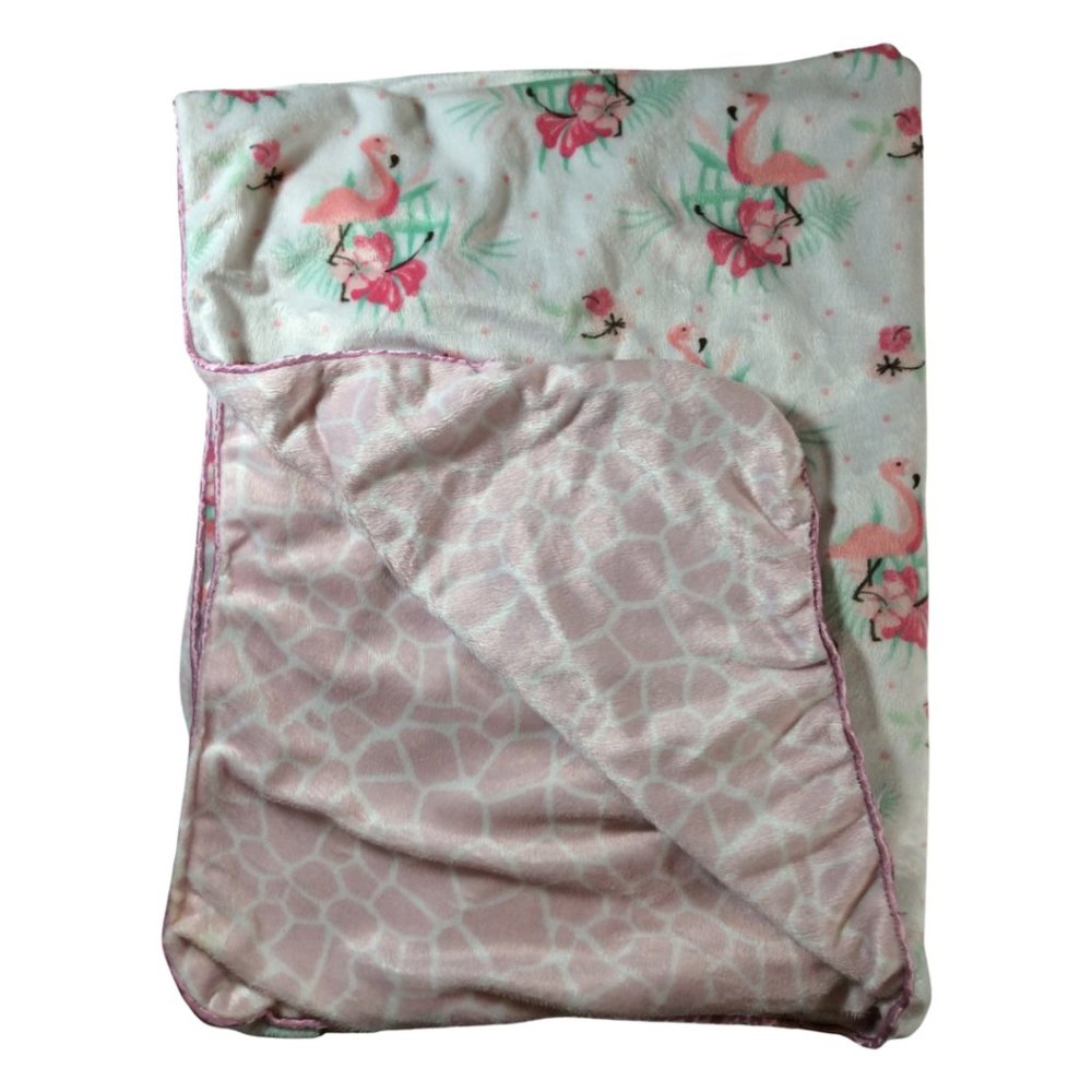 👣 5/$25 - Pink/White/Green Flamingo Print Minky Baby Blanket